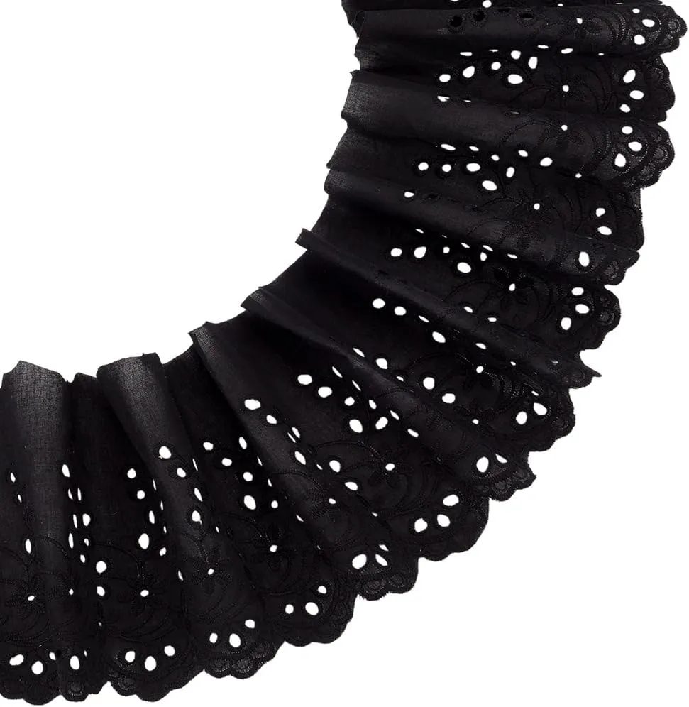 MAYJOYDIY 5 Yards Black Cotton Eyelet Lace Trim 5.3inch Wide Wavy Edge Floral Lace Ribbon Floral Embroidery Ruffle Lace Trim for Sewing Dresses Clothes Bag Gift Wrapping