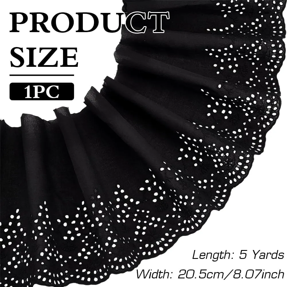 MAYJOYDIY 5 Yards×8.1inch Black Embroidery Scalloped Cotton Eyelet Lace Trim Wavy Edge Floral Lace Ribbon Floral Ruffle Lace Trim for Sewing Dresses Clothes Bag Gift Wrapping