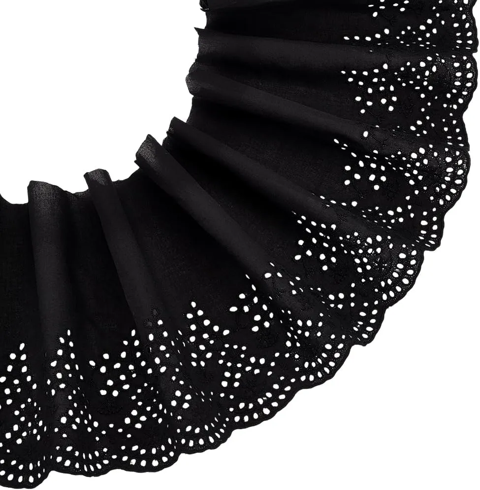 MAYJOYDIY 5 Yards×8.1inch Black Embroidery Scalloped Cotton Eyelet Lace Trim Wavy Edge Floral Lace Ribbon Floral Ruffle Lace Trim for Sewing Dresses Clothes Bag Gift Wrapping