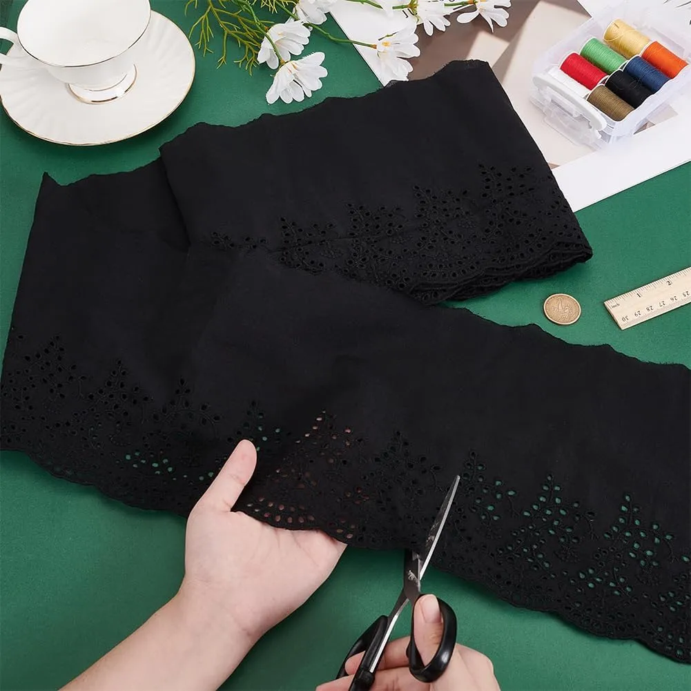 MAYJOYDIY 5 Yards×8.1inch Black Embroidery Scalloped Cotton Eyelet Lace Trim Wavy Edge Floral Lace Ribbon Floral Ruffle Lace Trim for Sewing Dresses Clothes Bag Gift Wrapping