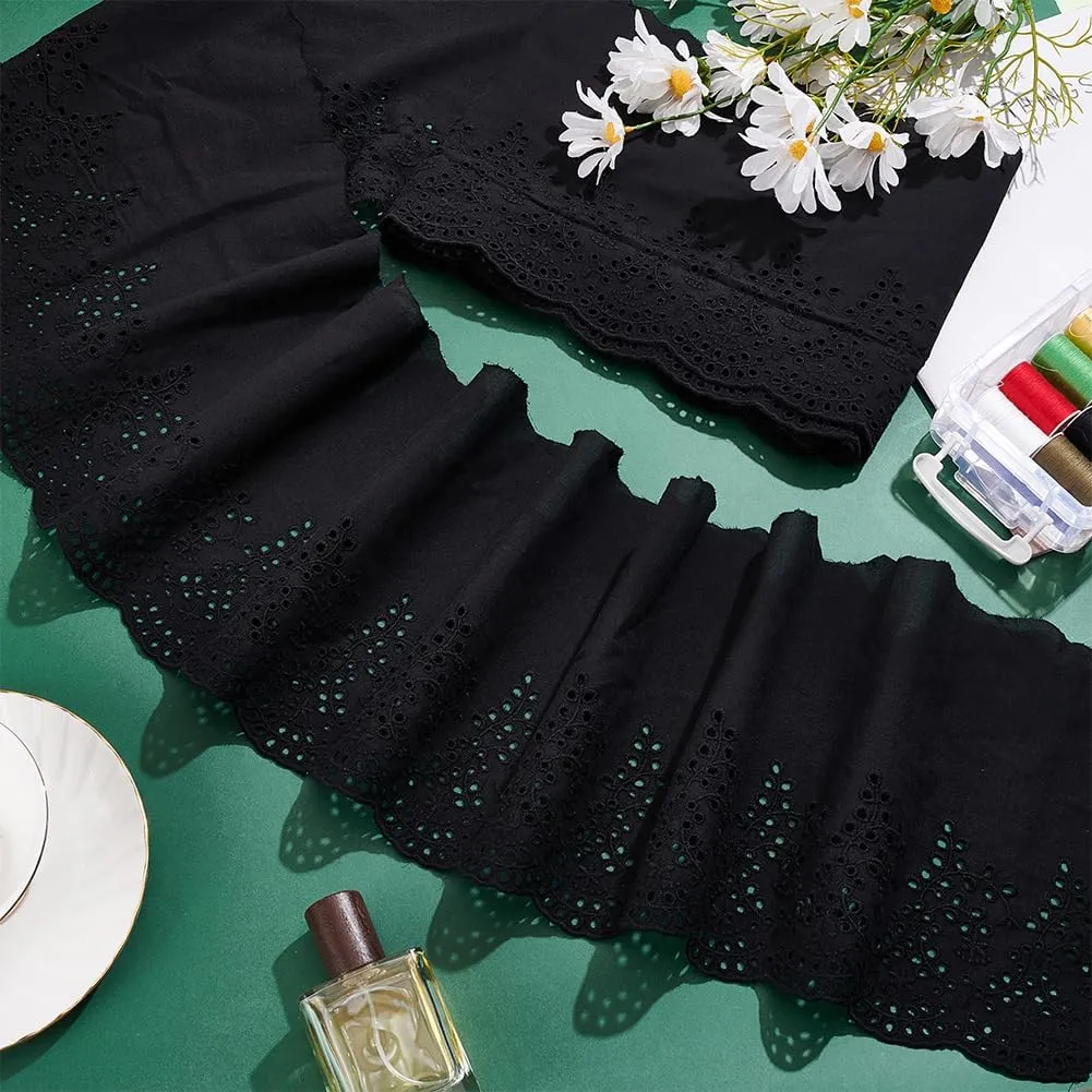 MAYJOYDIY 5 Yards×8.1inch Black Embroidery Scalloped Cotton Eyelet Lace Trim Wavy Edge Floral Lace Ribbon Floral Ruffle Lace Trim for Sewing Dresses Clothes Bag Gift Wrapping