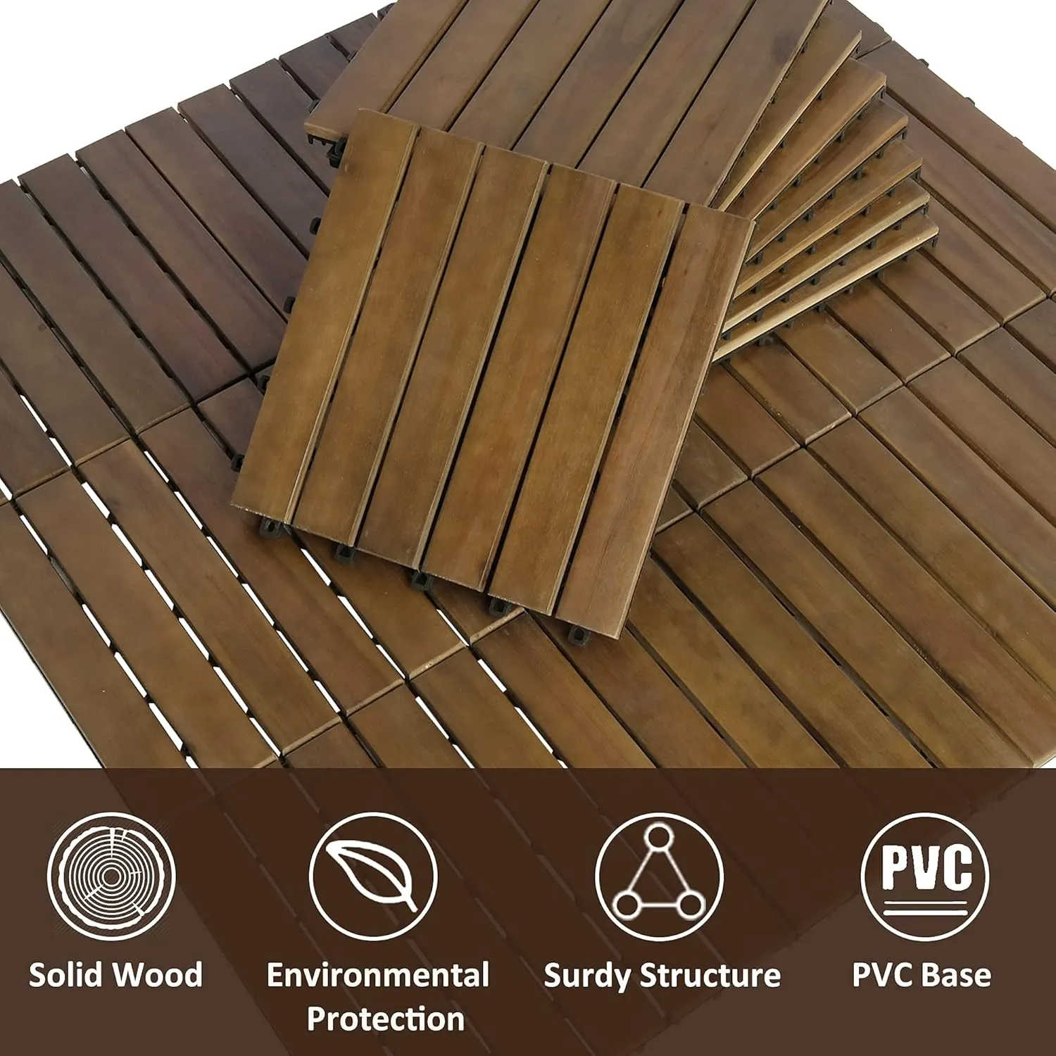 MCombo 10 Pieces Patio Wood Deck Tiles 12 x 12 inches, Interlocking Flooring Oiled Finish for Outdoor, Balcony and Backyard (Light Brown)