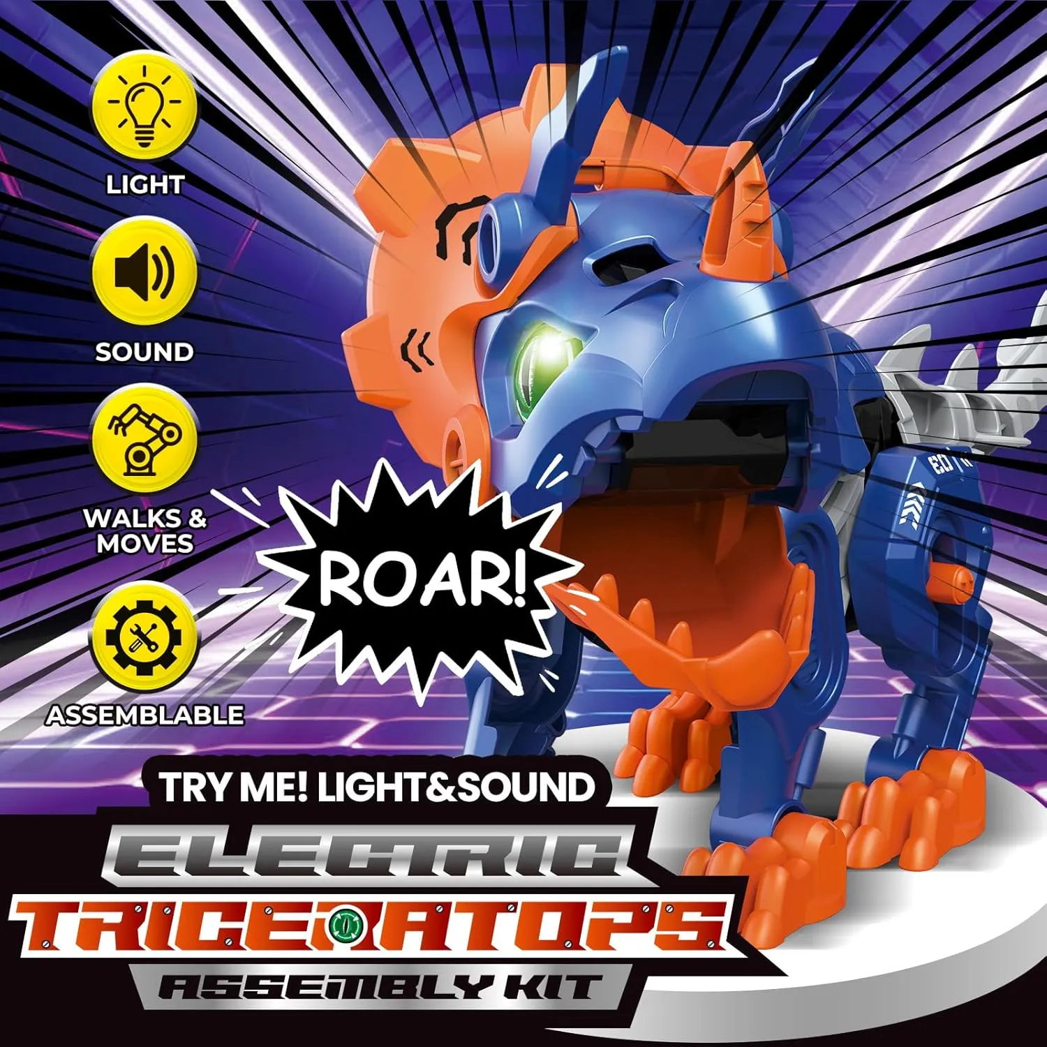 Mechanical Dinosaur Toy, Electric Triceratops Assembling Toy with Dino Egg, 3D Puzzles Electronic Walking Dinosaur Led Eyes Swing Head Tail Interactive Toy for Kids 5  and Adult