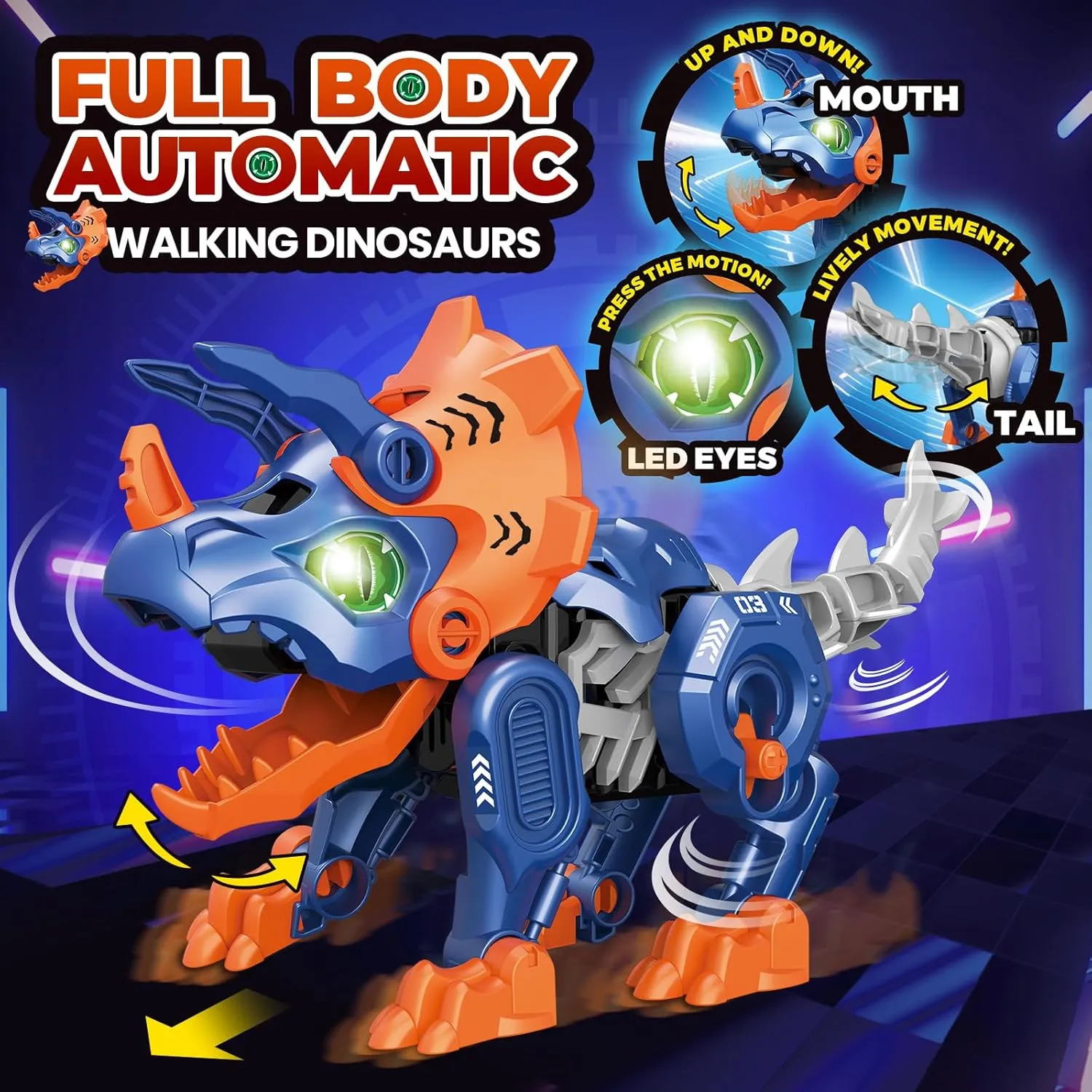 Mechanical Dinosaur Toy, Electric Triceratops Assembling Toy with Dino Egg, 3D Puzzles Electronic Walking Dinosaur Led Eyes Swing Head Tail Interactive Toy for Kids 5  and Adult