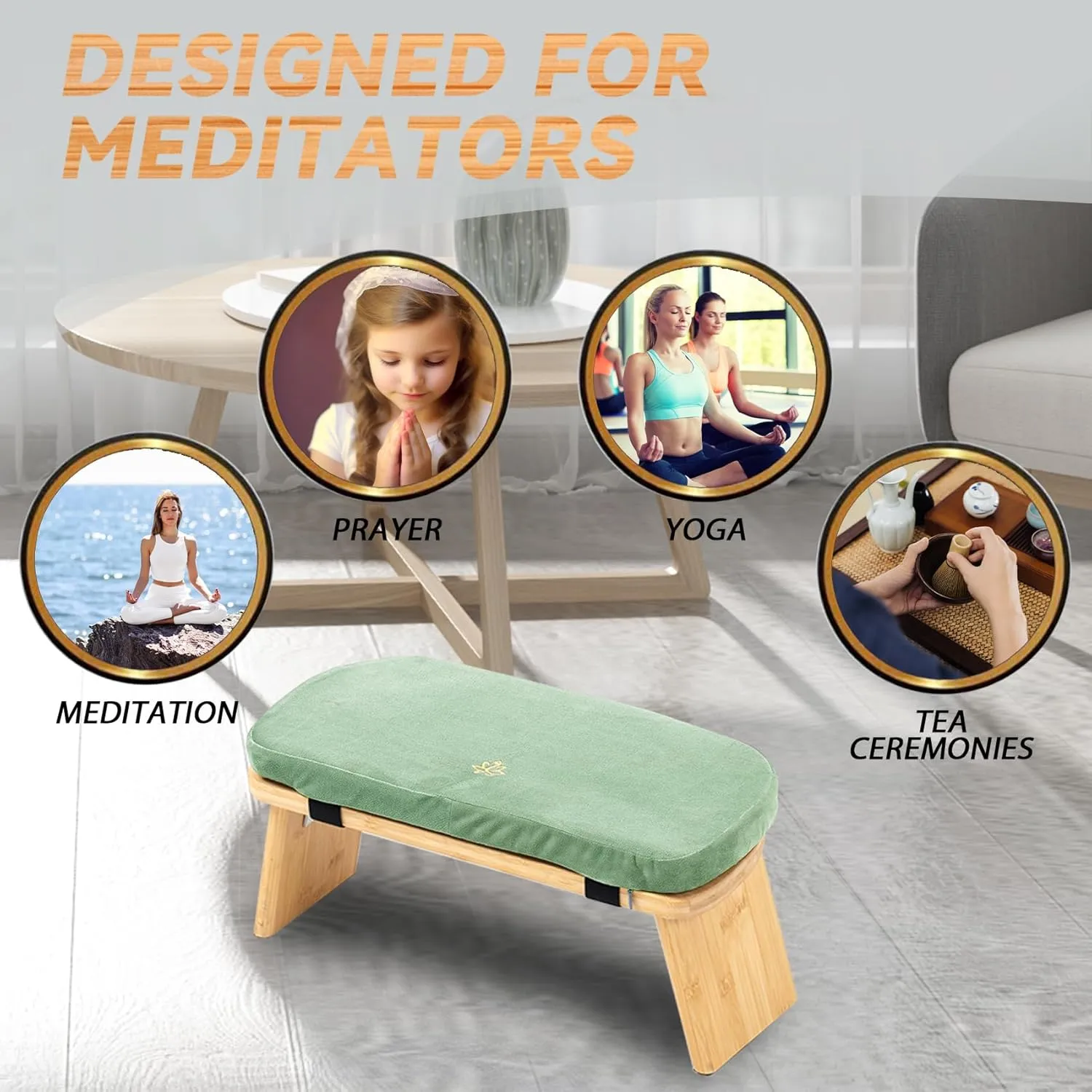 Meditation Bench, Bamboo Meditation Stool, Folding Kneeling Meditation Bench, Seiza Prayer Bench, Prayer Bench with Meditation Cushion, Kneeling Stool (Green & Bag)