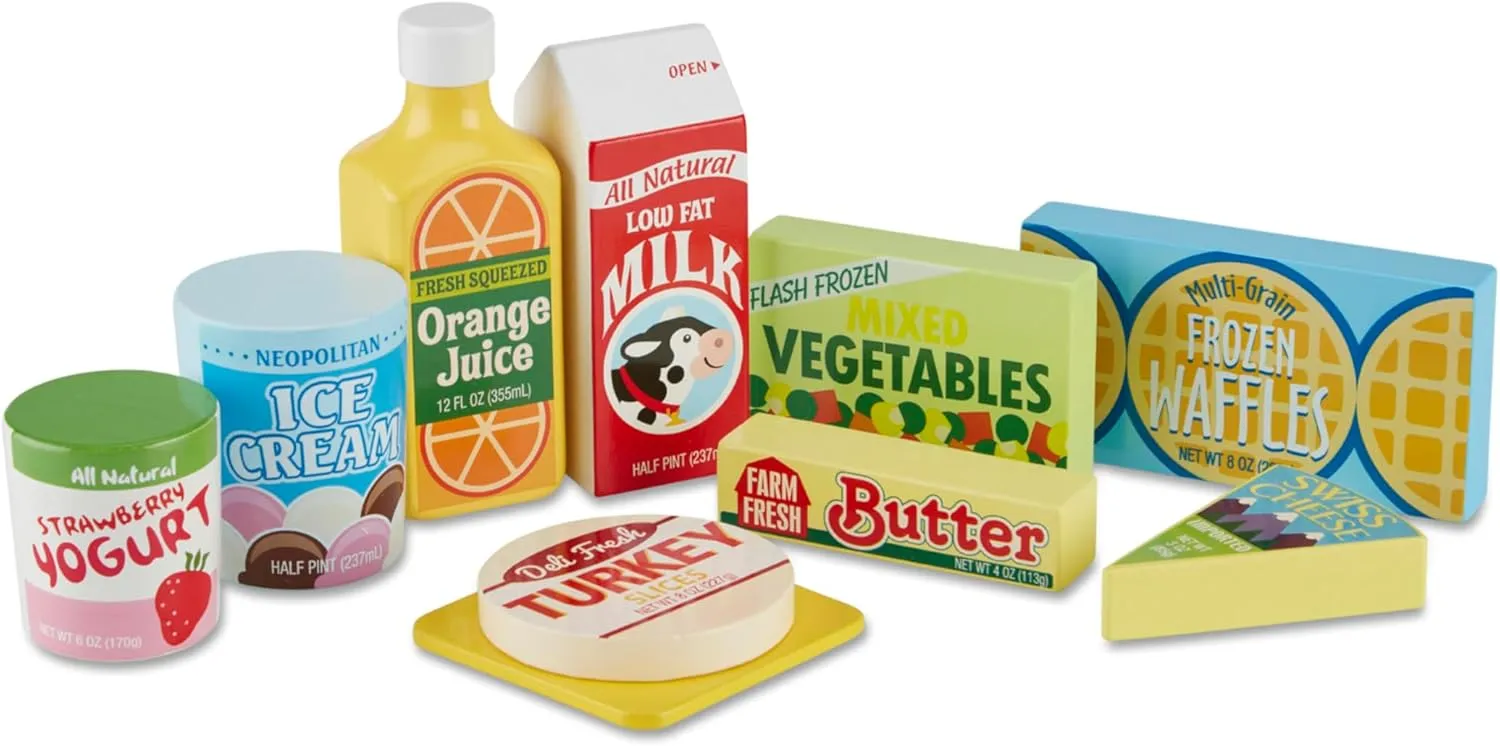 Melissa & Doug Fridge Food Wooden Play Food Set - 9 Pieces Pretend Play Kitchen Accessories, For Kids Kitchen, Wooden Grocery Sets For Kids Ages 3 