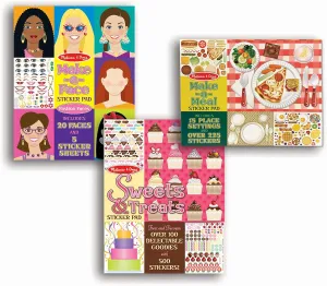 Melissa & Doug Sticker Pads 3-Pack - Sweets and Treats, Make-a-Face Fashion, and Make-a-Meal - FSC Certified