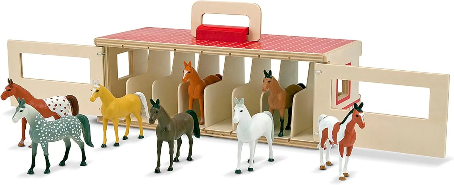 Melissa & Doug Take-Along Show-Horse Stable Play Set With Wooden Stable Box and 8 Toy Horses