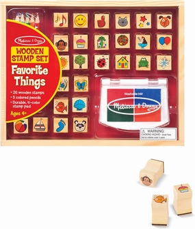 Melissa & Doug Wooden Stamp Set, Favorite Things - 26 Wooden Stamps, 4-Color Stamp Pad Kids Art Projects, Stamps With Washable Ink, For Kids Ages 4 