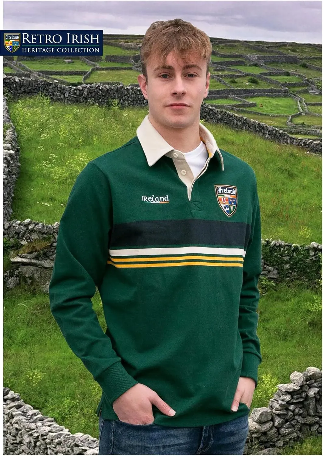 Men's Rugby Shirt with Contrast Chest Cut 'n' Sew Stripes and a Contrast Placket and Collar, 100% Cotton, Made in Ireland