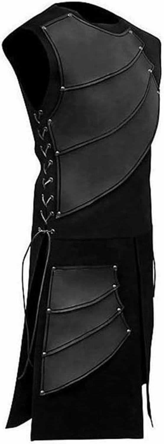 Mens Knight Viking Pirate Armor Costume Set with Side Laces, Long Waistcoats Bracers, Medieval Sleeveless Waistcoats