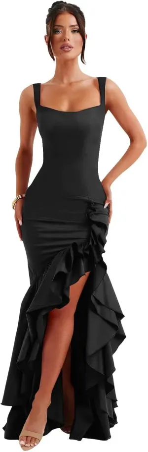 Mermaid Ruffle Satin Prom Dresses for Women Long Corset Sleeveless Flowy Formal Evening Gown with Slit