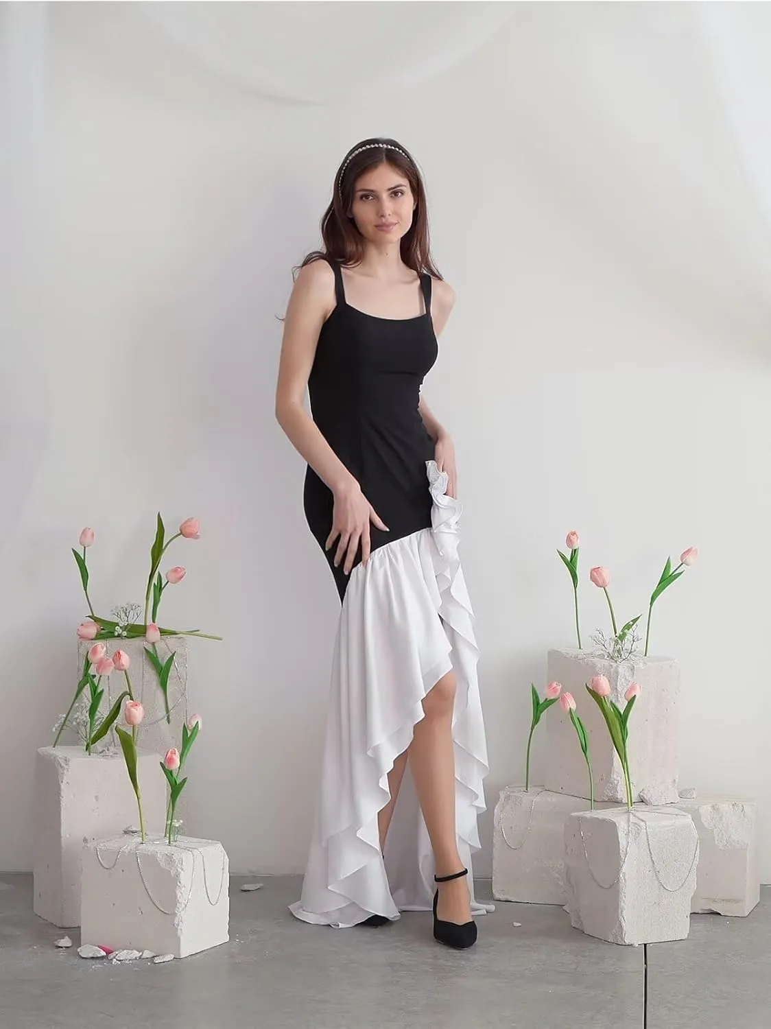 Mermaid Ruffle Satin Prom Dresses for Women Long Corset Sleeveless Flowy Formal Evening Gown with Slit