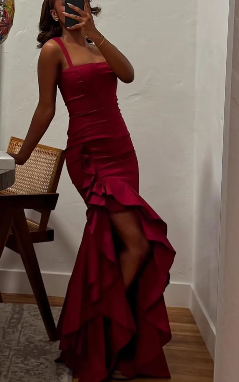 Mermaid Ruffle Satin Prom Dresses for Women Long Corset Sleeveless Flowy Formal Evening Gown with Slit