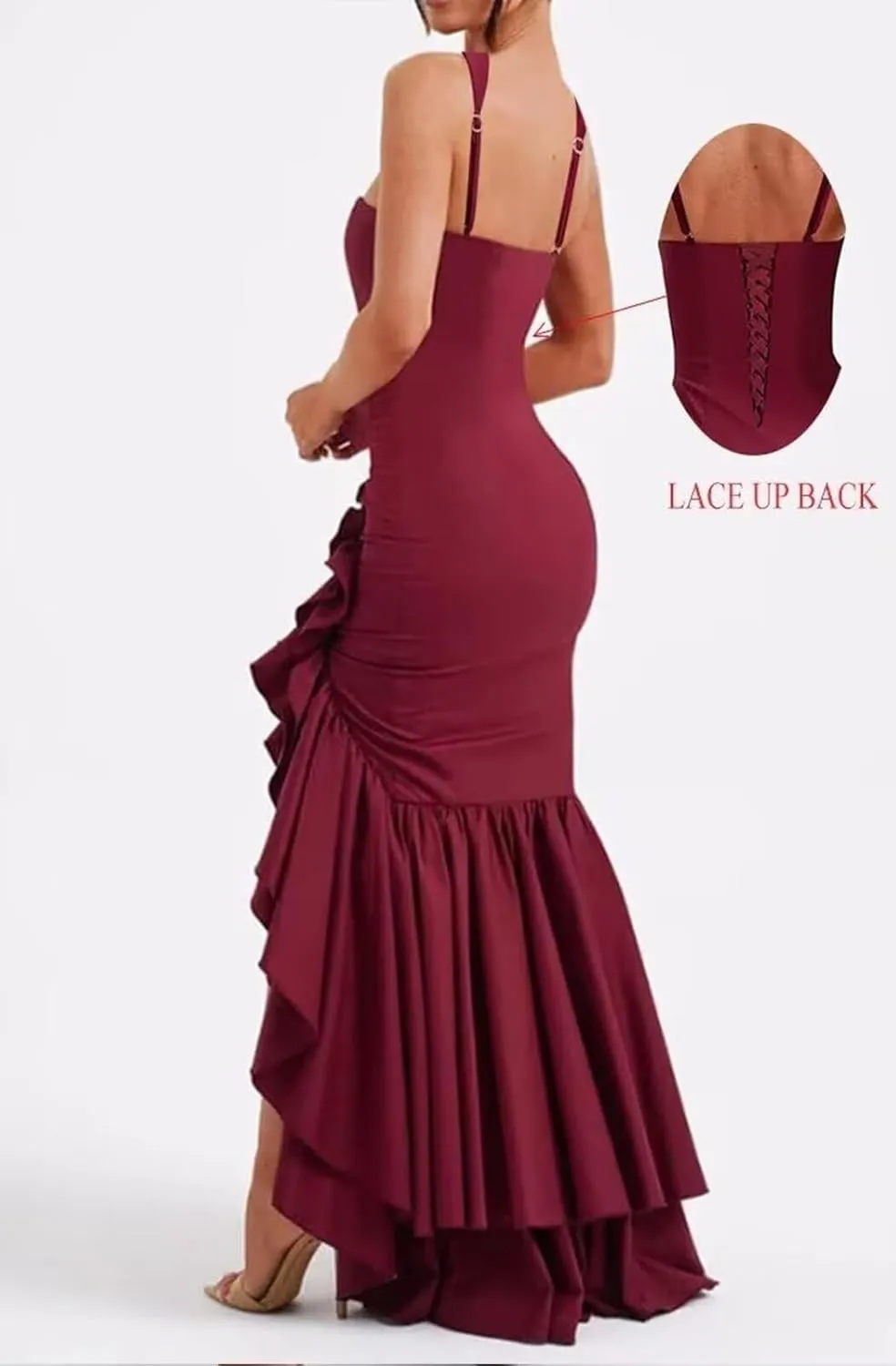 Mermaid Ruffle Satin Prom Dresses for Women Long Corset Sleeveless Flowy Formal Evening Gown with Slit