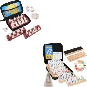Mexican Train Dominoes Set with Numbers and 8 Wooden Racks Triangle Domino Set Includes 4 Plastic Racks,