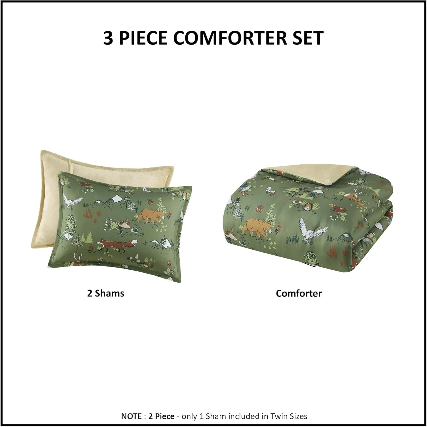 Mi Zone Kids Twin Comforter Set, Reversible Plush Kids Comforter Set, Cozy Plush Reverse Bedding, Winter Fluffy Comforter Bed Set, 1 Sham, Enchanting Forest Animals, Heath, Twin, Sage Green 2 Piece