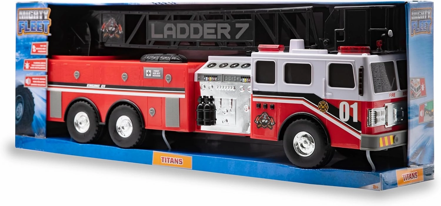 Mighty Fleet Titans 29" Jumbo Toy Fire Truck â€“ Realistic Flashing Lights, Siren Sounds & Extendable Rotating Ladder â€“ Durable, Interactive Vehicle Toy for Kids Ages 3 