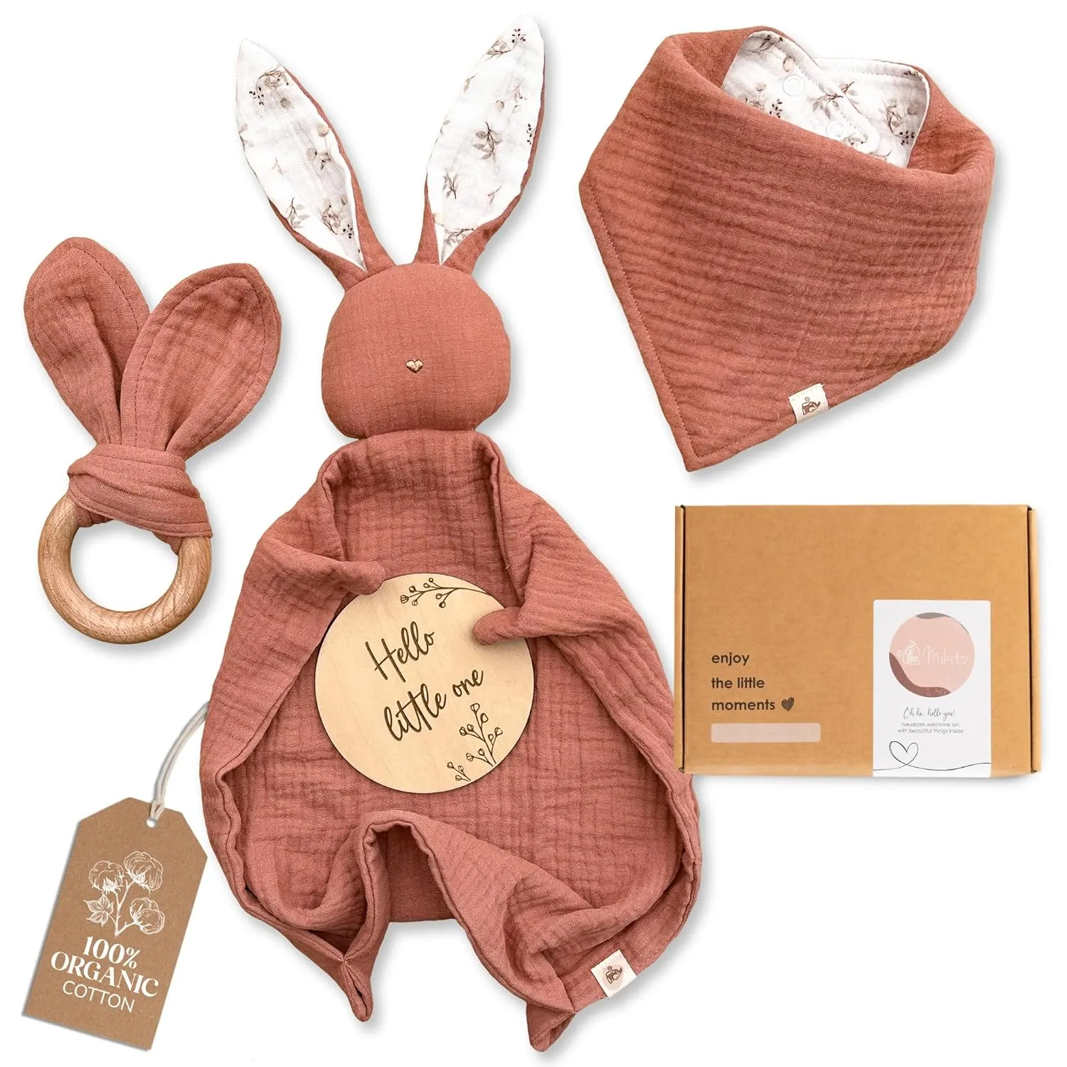 Mikito Organic Cotton Newborn Gifts Box, Unisex Loveys & Accessories incl. Muslin Baby Comforter   Baby Bandana Bib   Wooden Teether   Birth Announcement Sign