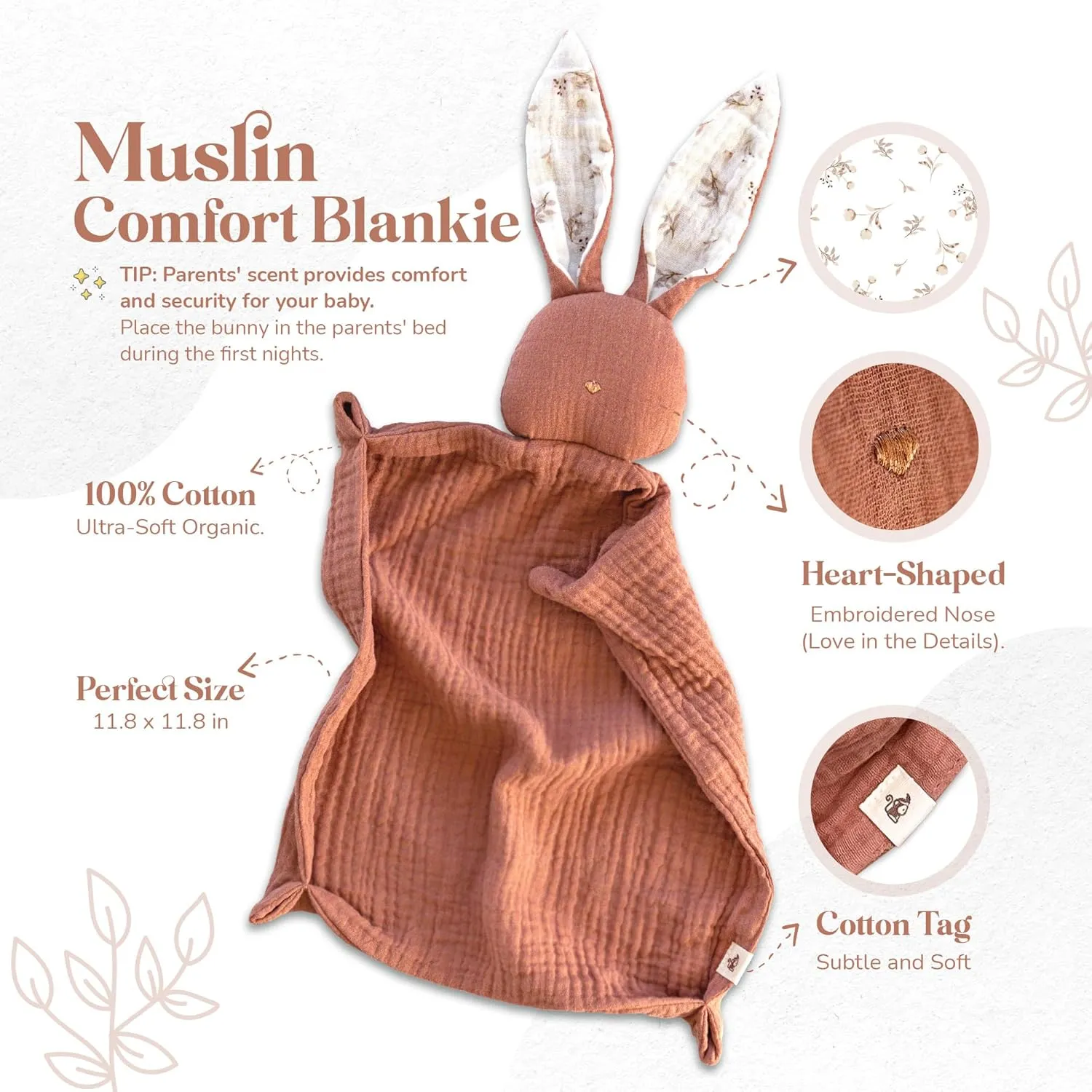 Mikito Organic Cotton Newborn Gifts Box, Unisex Loveys & Accessories incl. Muslin Baby Comforter   Baby Bandana Bib   Wooden Teether   Birth Announcement Sign