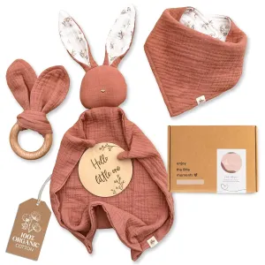 Mikito Organic Cotton Newborn Gifts Box, Unisex Loveys & Accessories incl. Muslin Baby Comforter   Baby Bandana Bib   Wooden Teether   Birth Announcement Sign