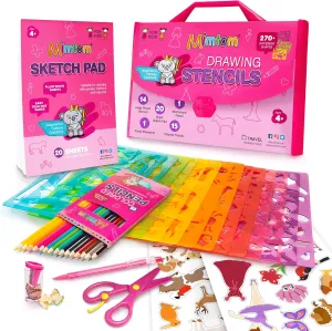 Mimtom Drawing Stencil Kit for Kids, 51 PC Art Set with 270  Shapes, Sketch Pad, and Colored Pencils for Child's DIY Arts and Crafts, Draw with Princess, Fairies and Animal Stencils, Pink
