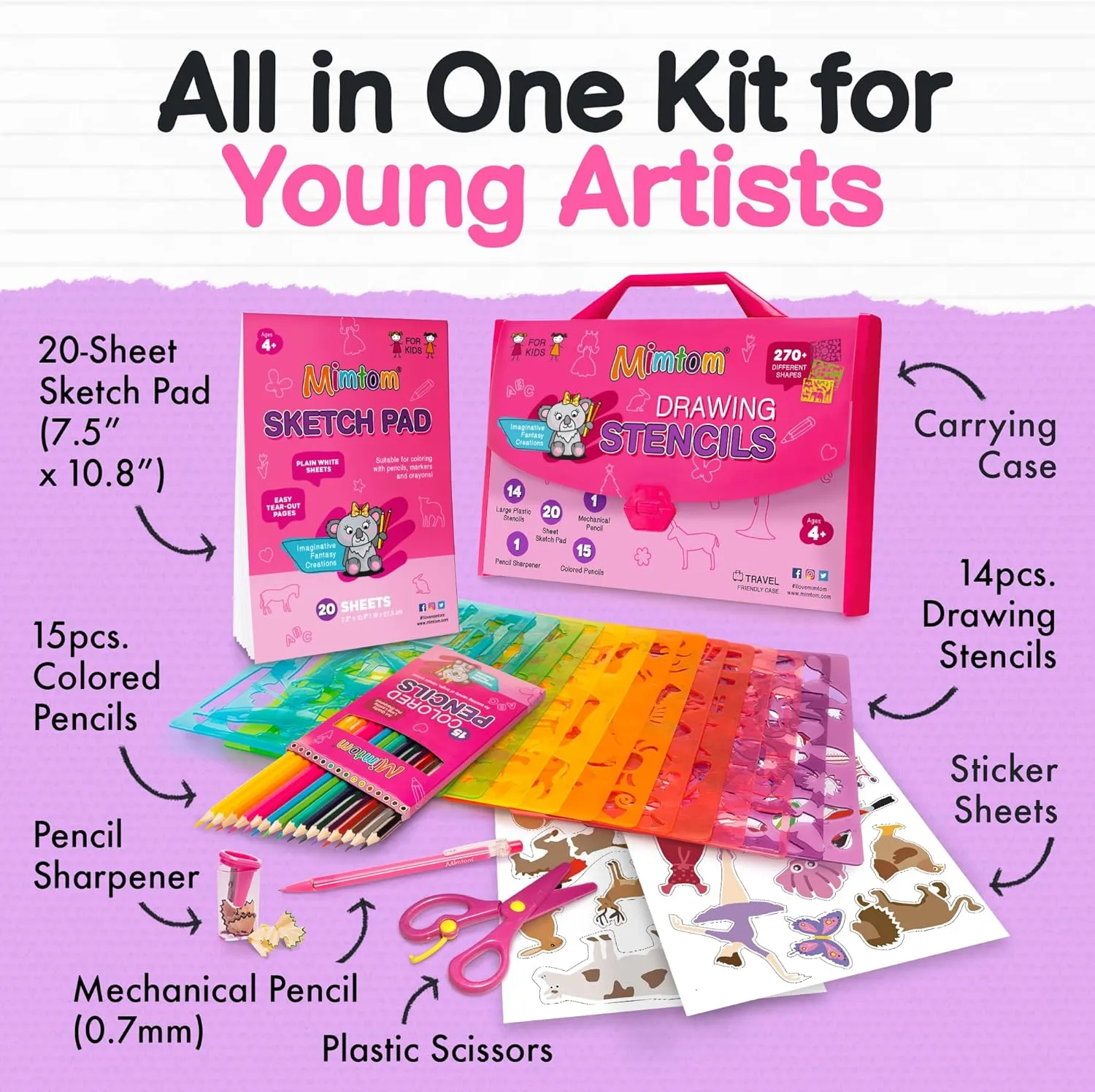 Mimtom Drawing Stencil Kit for Kids, 51 PC Art Set with 270  Shapes, Sketch Pad, and Colored Pencils for Child's DIY Arts and Crafts, Draw with Princess, Fairies and Animal Stencils, Pink