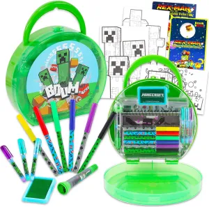 Minecraft Art Case for Kids, Toddlers - Bundle with Doodle Pad, Coloring Pages, Stickers, Stamper, Pens, More | Minecraft Drawing Pad Activity Kit for Boys