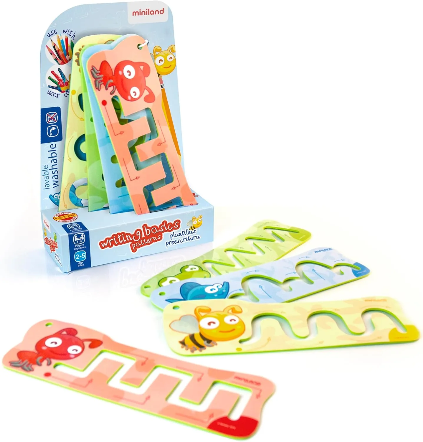 Miniland Pre-Writing Basics: 4 Funny Templates for Preschool Learning Activities, Perfect 3-Year Old Birthday Gifts, Educational Toys, and Toddler Activity Tools for Tracing Patterns.