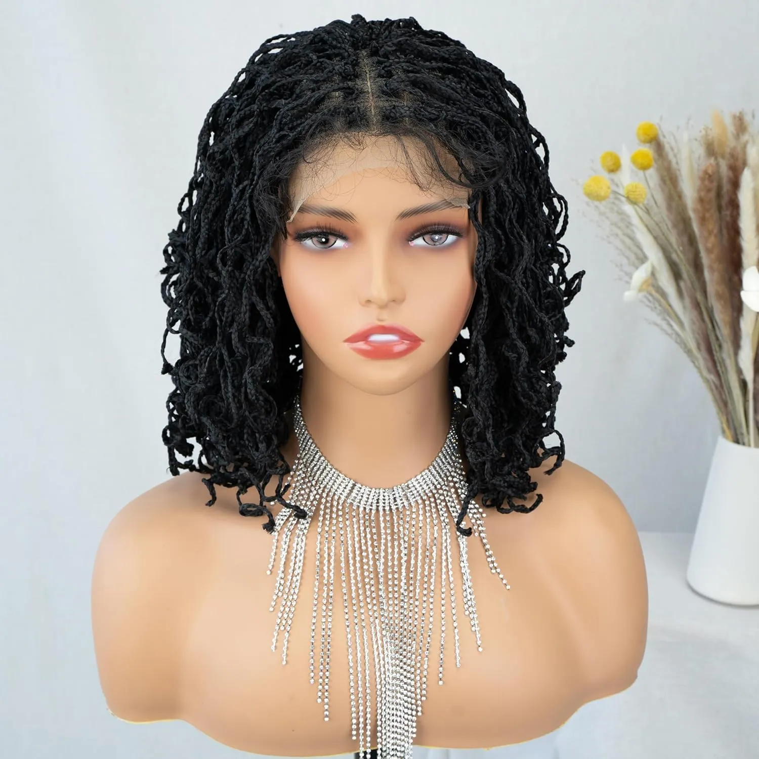 MISS FANCY 4x4 Braided Lace Front Wig for Black Women Girls 13 Inch Twist Dreadlock Box Braids Wig with Baby Hair Faux Locs Synthetic Glueless Afro Wavy Braided Wigs Wear and Go (#Black)