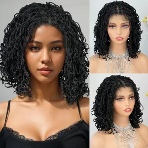 MISS FANCY 4x4 Braided Lace Front Wig for Black Women Girls 13 Inch Twist Dreadlock Box Braids Wig with Baby Hair Faux Locs Synthetic Glueless Afro Wavy Braided Wigs Wear and Go (#Black)