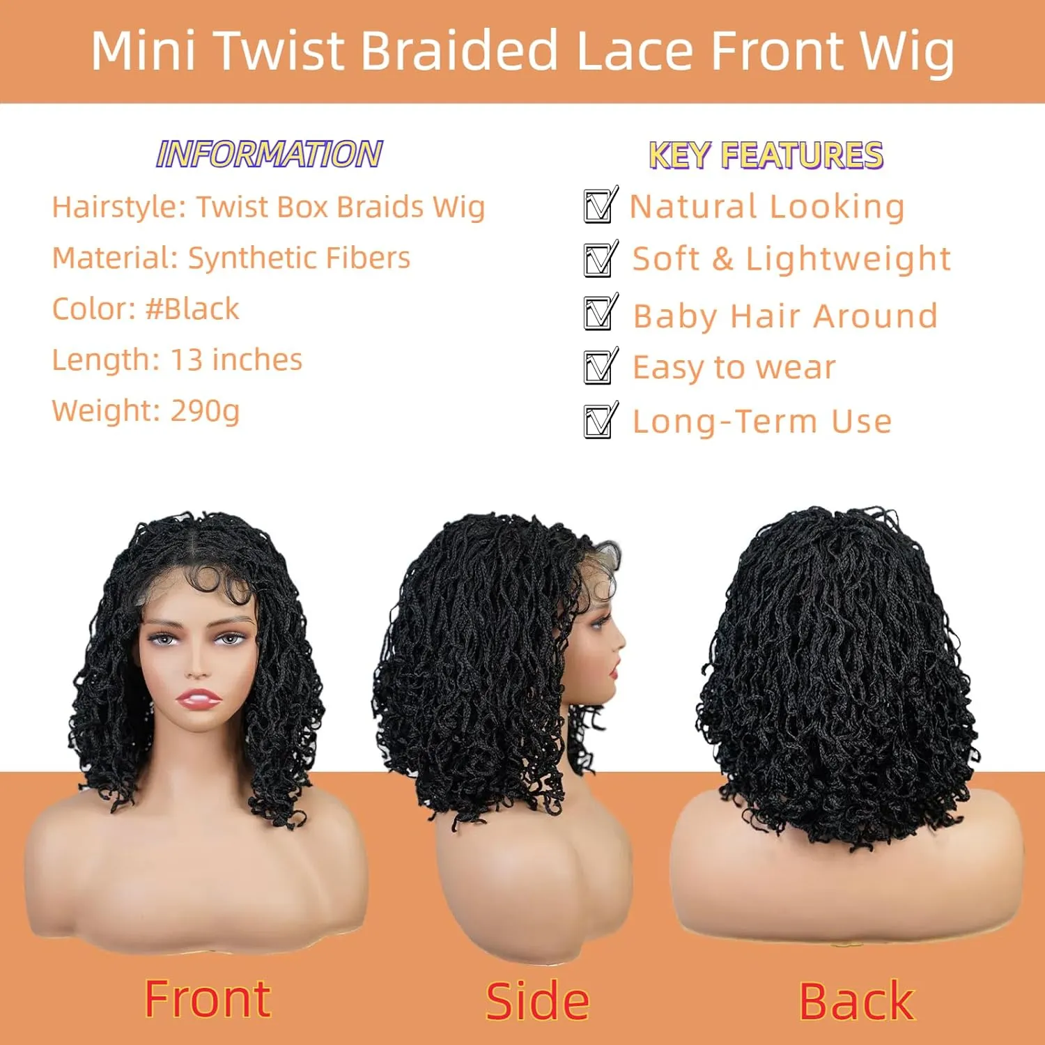 MISS FANCY 4x4 Braided Lace Front Wig for Black Women Girls 13 Inch Twist Dreadlock Box Braids Wig with Baby Hair Faux Locs Synthetic Glueless Afro Wavy Braided Wigs Wear and Go (#Black)