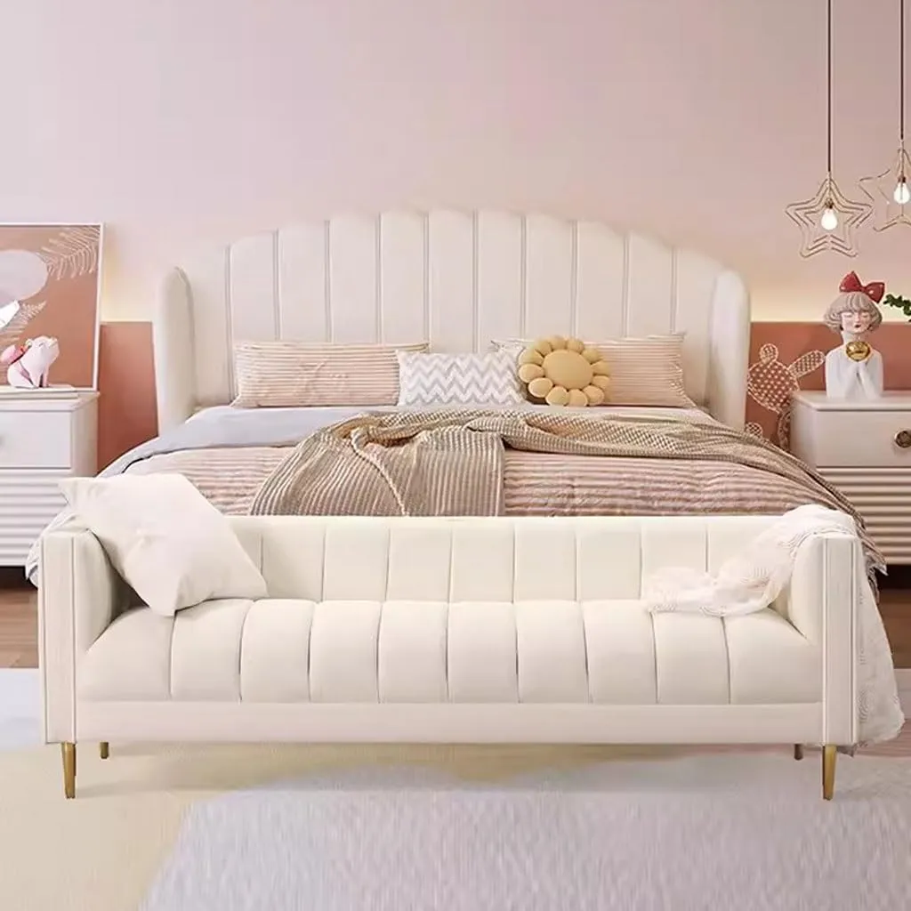 Modern Beige Bench Step Stool for Bedroom Living Room or Vanity Small Sofa Footstool with Diaper Changing Function