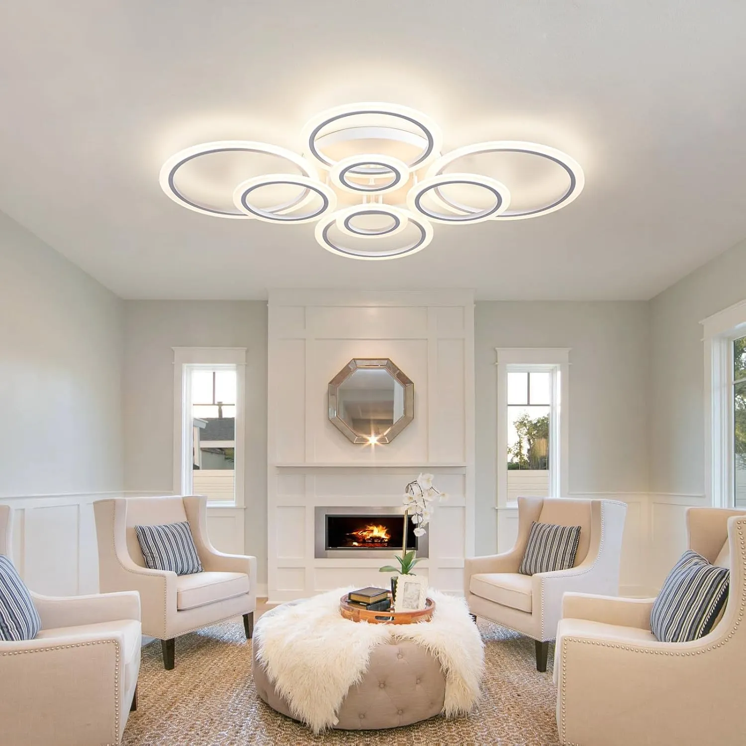 Modern LED Ceiling Light, Dimmable LED Chandelier Flush Mount Ceiling Lights, Remote Control Acrylic Ring Ceiling Lamp Fixture for Living Room Dining Room Bedroom (White, 8 Rings)