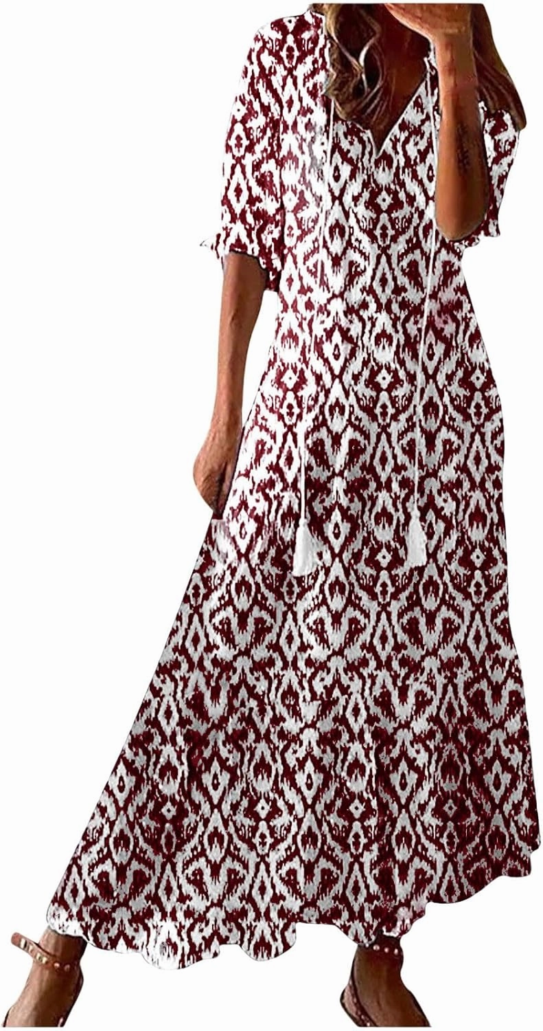 Modest Dresses for Women Summer Casual Short Sleeve V-Neck Maxi Dress Plus Size Flowy Loose Fit Long Sundresses