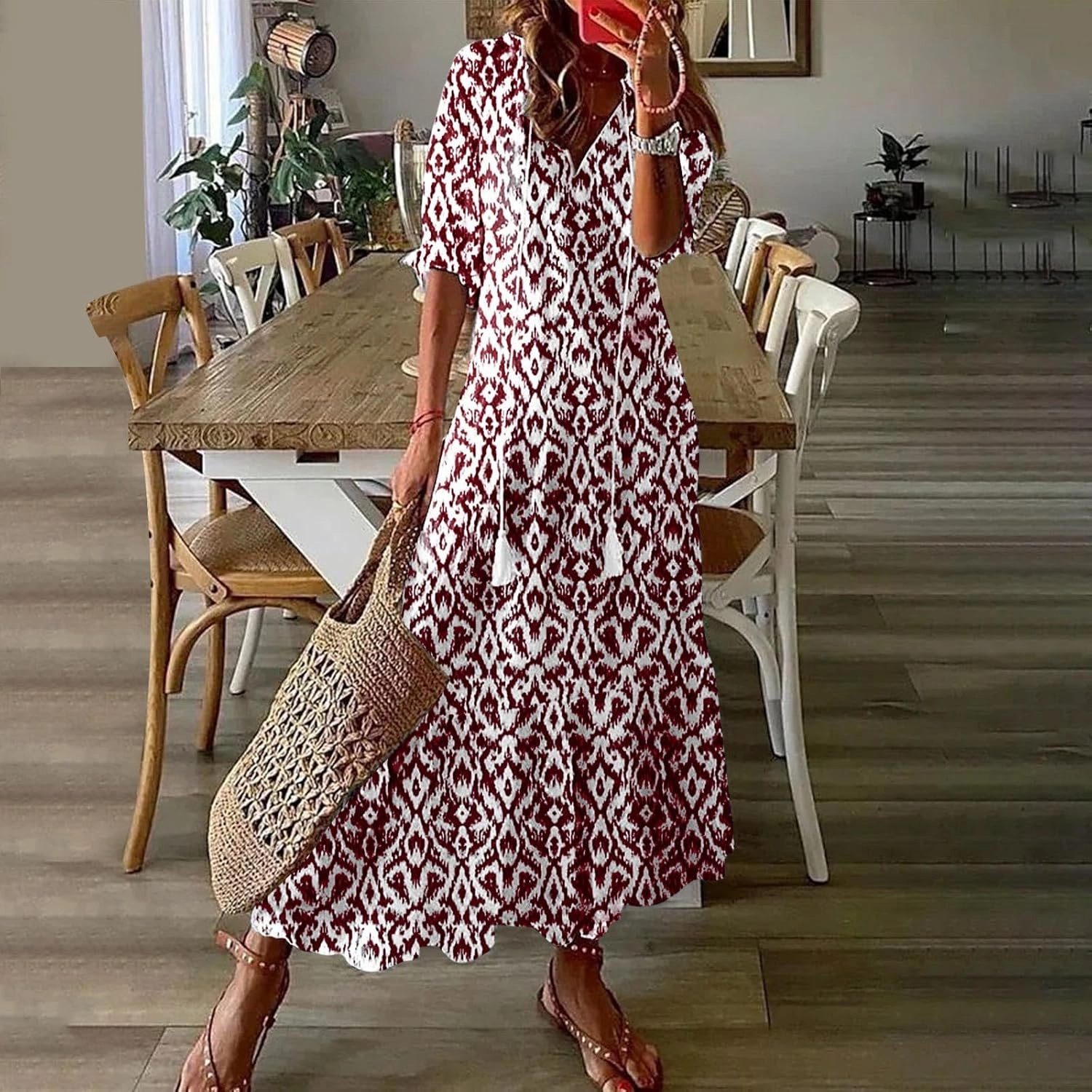 Modest Dresses for Women Summer Casual Short Sleeve V-Neck Maxi Dress Plus Size Flowy Loose Fit Long Sundresses
