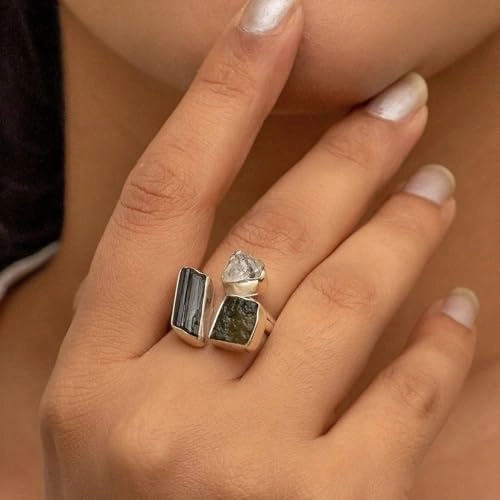 Moldavite Ring, Black Tourmaline, Herkimer Diamond Ring Czech Republic Natural Gemstone 925 Solid Sterling Silver Handmade Jewelry