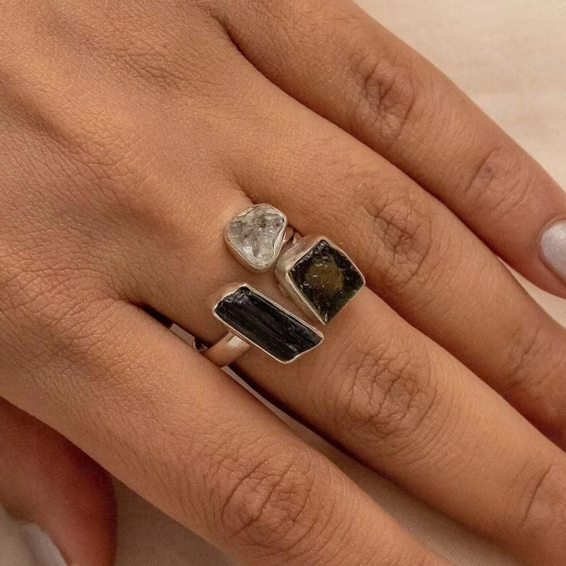 Moldavite Ring, Black Tourmaline, Herkimer Diamond Ring Czech Republic Natural Gemstone 925 Solid Sterling Silver Handmade Jewelry