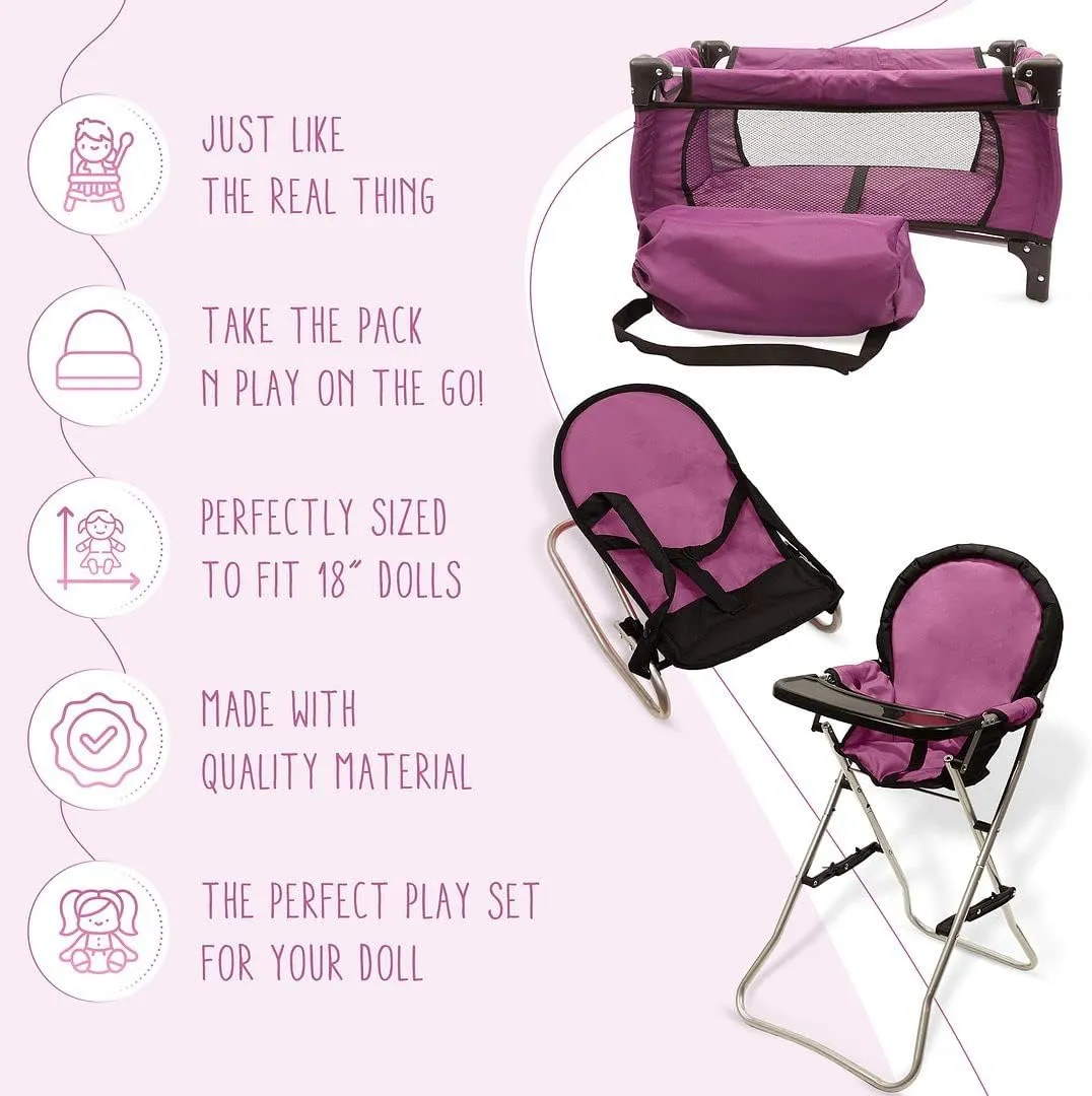 Mommy & Me 3 in 1 Baby Doll Accessories Mega Deluxe Playset with Doll High Chair, Doll Bouncer, and Doll Pack N Play Baby Doll Crib, Fits 18 Inch American Girl Doll, Purple
