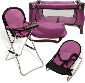 Mommy & Me 3 in 1 Baby Doll Accessories Mega Deluxe Playset with Doll High Chair, Doll Bouncer, and Doll Pack N Play Baby Doll Crib, Fits 18 Inch American Girl Doll, Purple