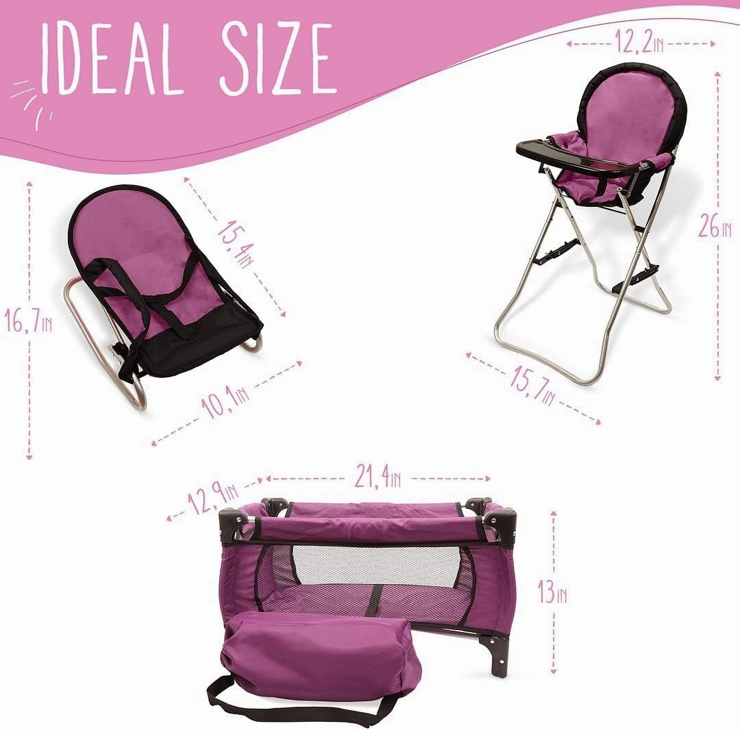 Mommy & Me 3 in 1 Baby Doll Accessories Mega Deluxe Playset with Doll High Chair, Doll Bouncer, and Doll Pack N Play Baby Doll Crib, Fits 18 Inch American Girl Doll, Purple