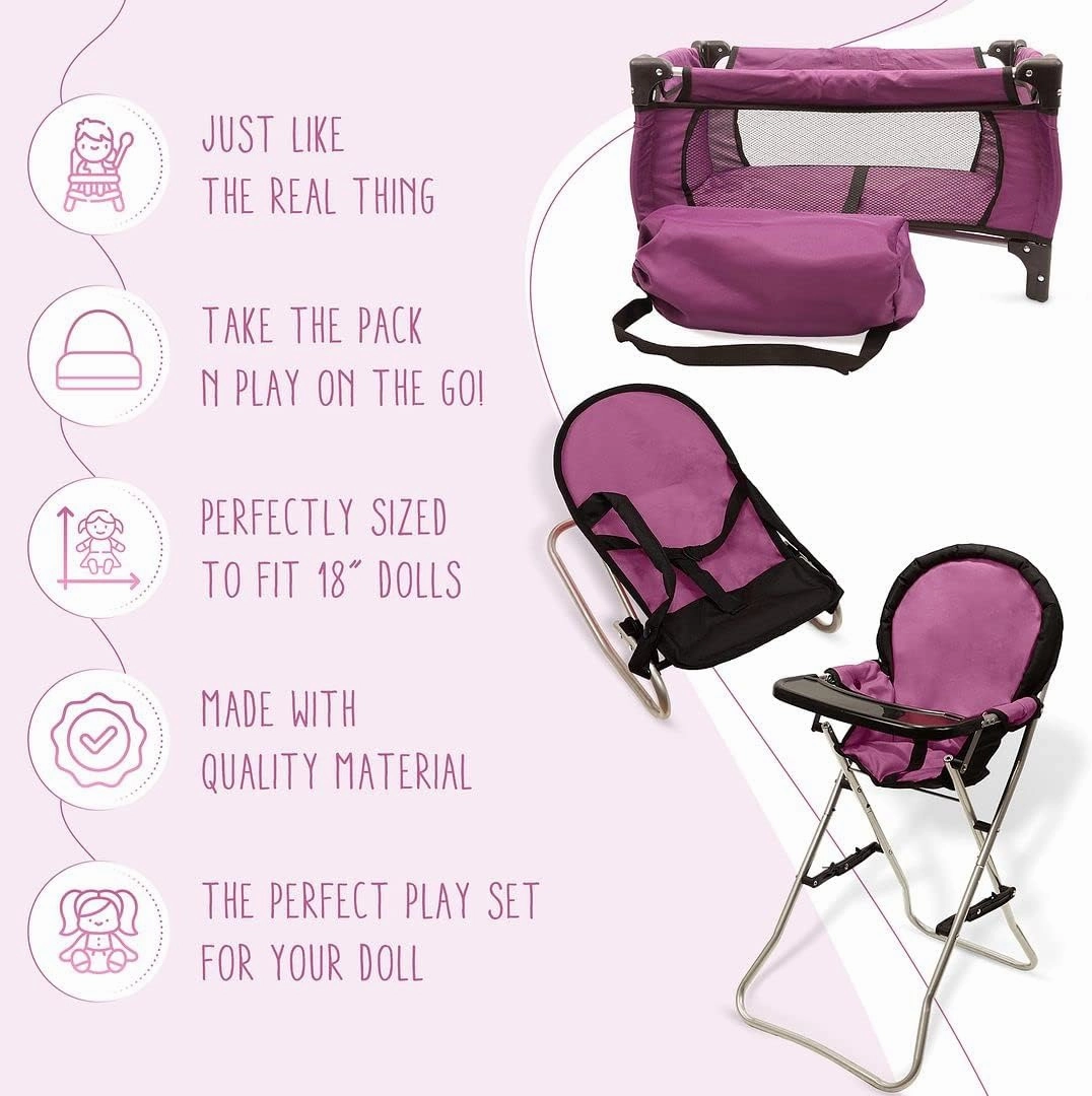 Mommy & Me 3 in 1 Baby Doll Accessories Mega Deluxe Playset with Doll High Chair, Doll Bouncer, and Doll Pack N Play Baby Doll Crib, Fits 18 Inch American Girl Doll, Purple