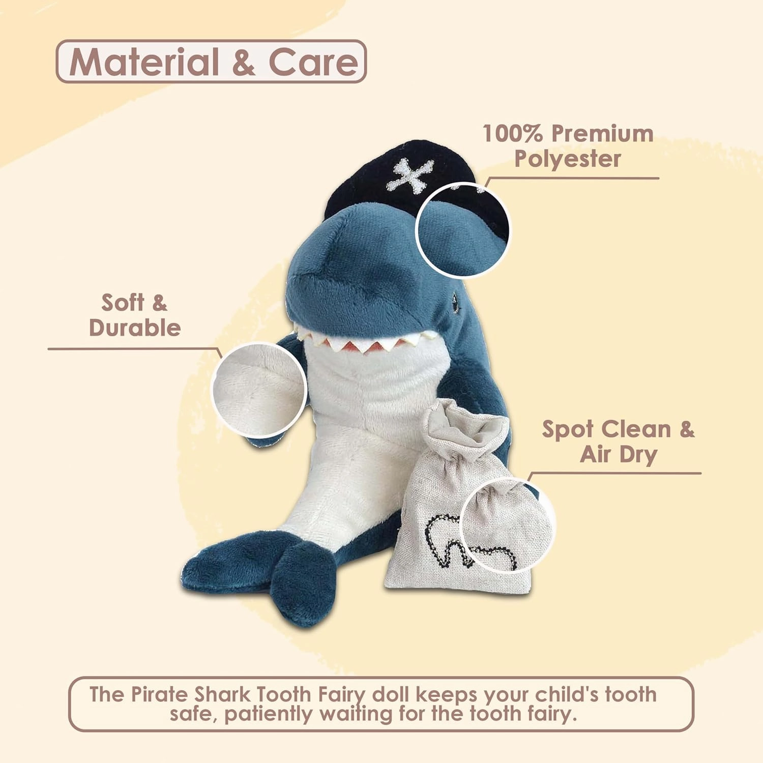 MON AMI Pirate Shark Stuffed Animal - 7", Premium Tooth Fairy Plush with Pouch, Perfect Loose Tooth Gift for Children, Ocean Animals for Kids, Boys, Girls