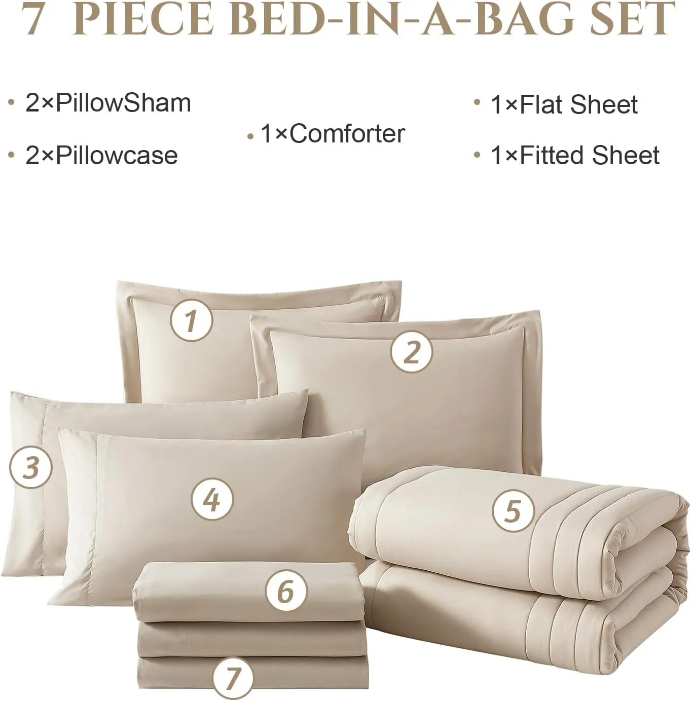Monbix Full Comforter Set - 7 Pieces Apricot Beige Bed in a Bag Full Size Bedding Sets with Comforters, All Seasons Down Alternative Comforter with Sheets,Pillowcases & Shams