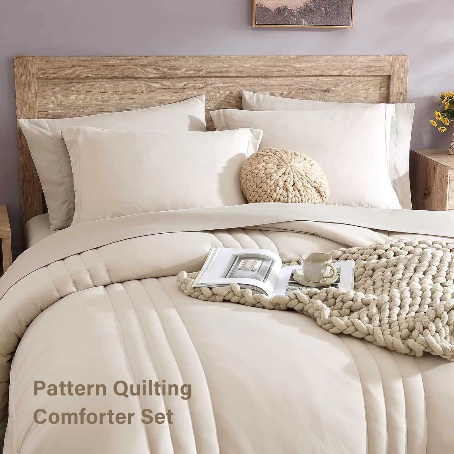 Monbix Full Comforter Set - 7 Pieces Apricot Beige Bed in a Bag Full Size Bedding Sets with Comforters, All Seasons Down Alternative Comforter with Sheets,Pillowcases & Shams