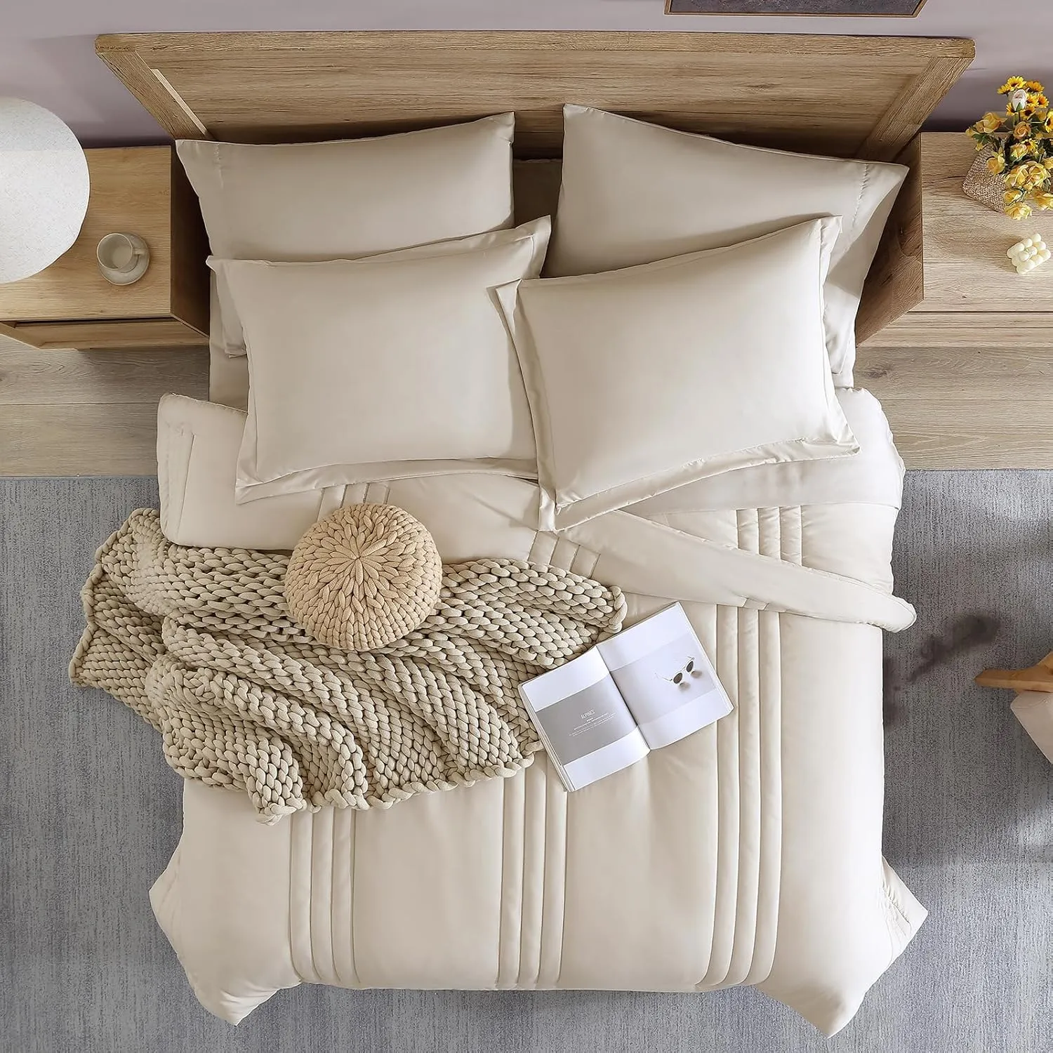 Monbix Full Comforter Set - 7 Pieces Apricot Beige Bed in a Bag Full Size Bedding Sets with Comforters, All Seasons Down Alternative Comforter with Sheets,Pillowcases & Shams