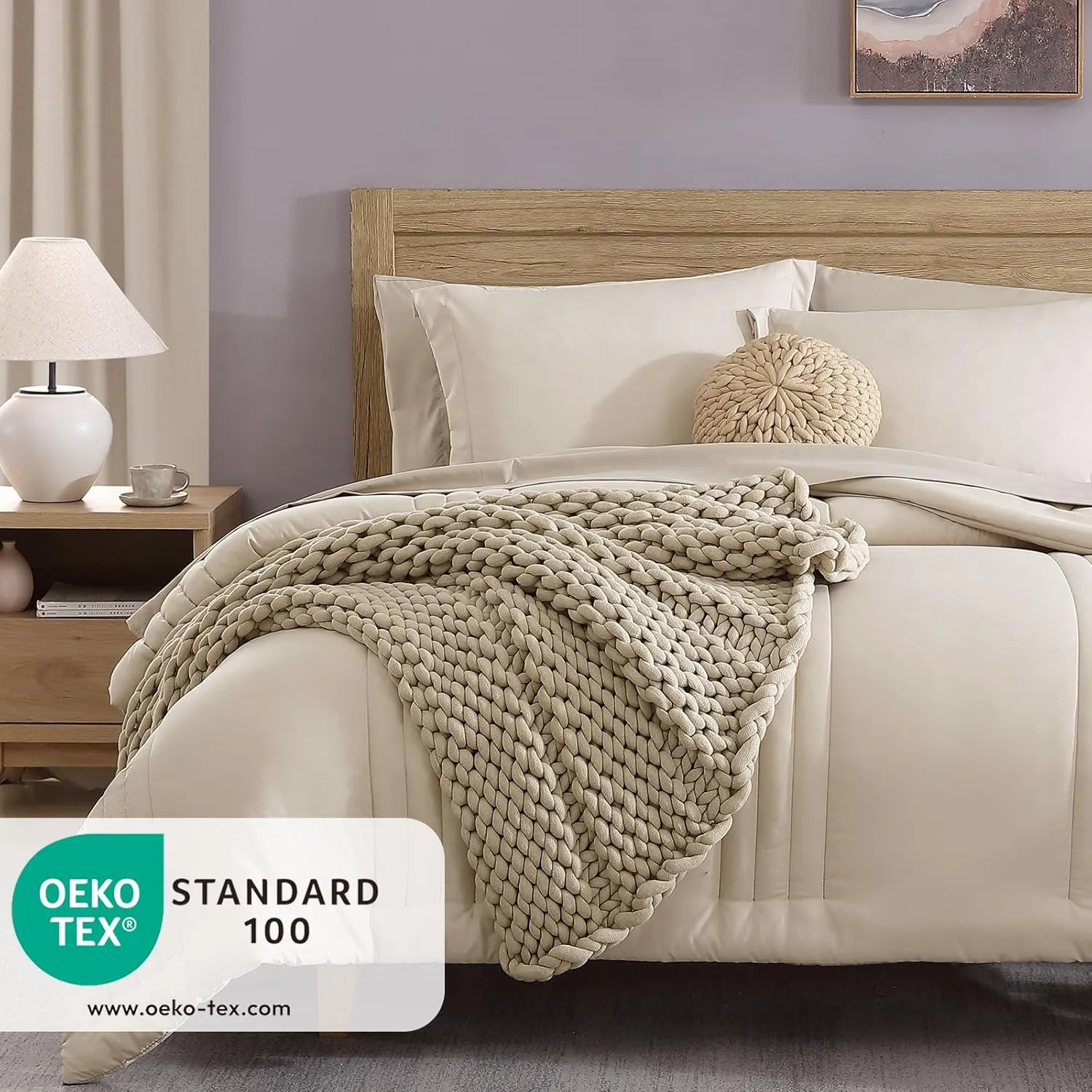 Monbix Full Comforter Set - 7 Pieces Apricot Beige Bed in a Bag Full Size Bedding Sets with Comforters, All Seasons Down Alternative Comforter with Sheets,Pillowcases & Shams