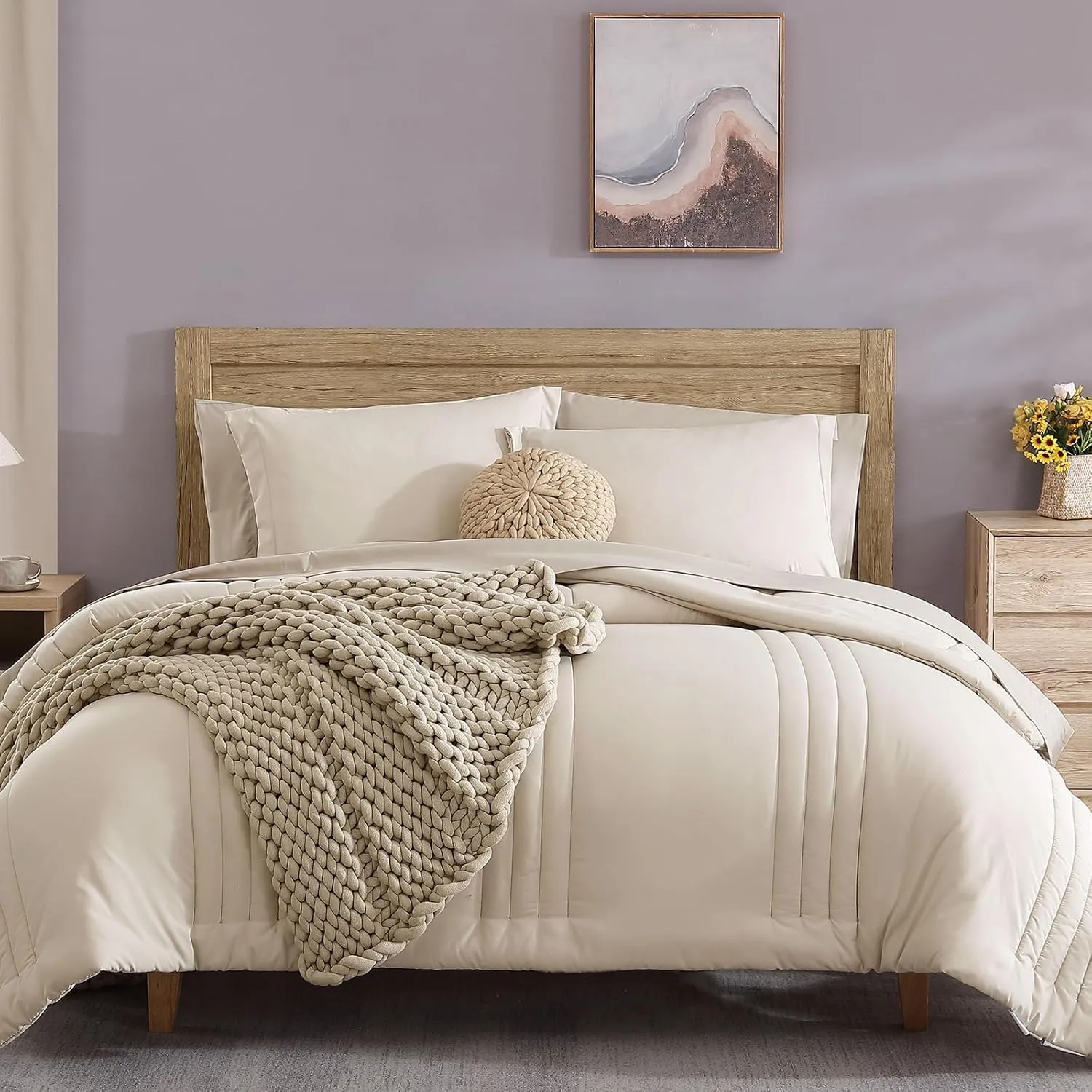 Monbix Full Comforter Set - 7 Pieces Apricot Beige Bed in a Bag Full Size Bedding Sets with Comforters, All Seasons Down Alternative Comforter with Sheets,Pillowcases & Shams