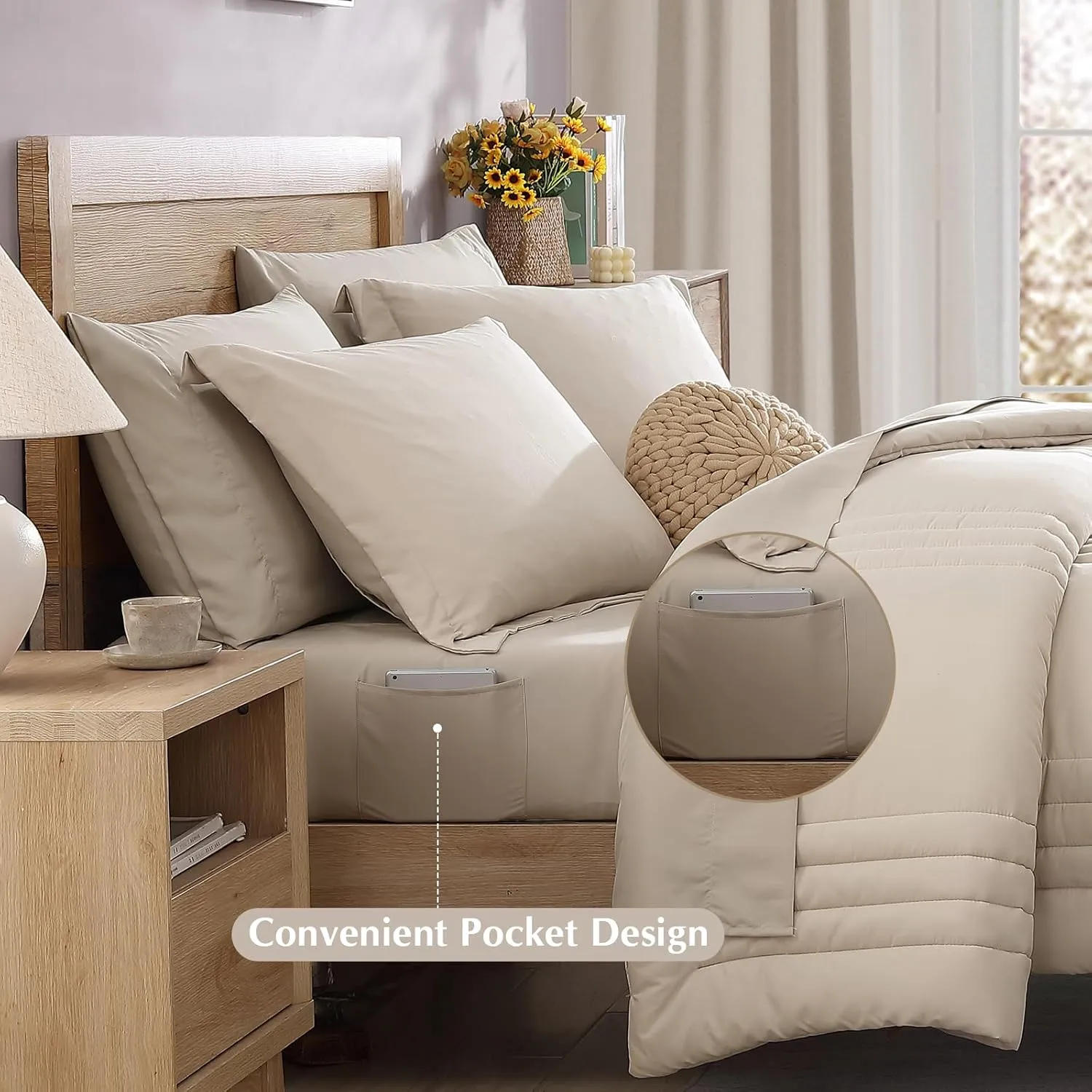 Monbix Full Comforter Set - 7 Pieces Apricot Beige Bed in a Bag Full Size Bedding Sets with Comforters, All Seasons Down Alternative Comforter with Sheets,Pillowcases & Shams
