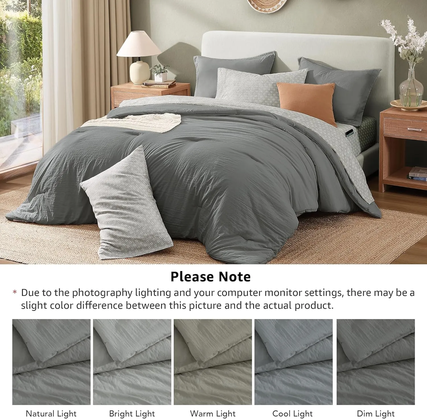 Monbix Full Size Comforter Set - 7 Pieces Granite Grey Prewashed Bed in a Bag Full Bedding Sets with Comforters, All Seasons Down Alternative Comforter Bed Set with Sheets,Pillowcases & Shams